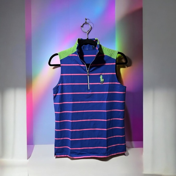 Ralph Lauren Royal Blue Sleeveless Polo Top w/Pink Stripes & Lime Green Accents - Picture 5 of 15